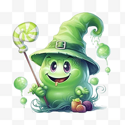 幽灵帽卡通图片_可爱的卡通滑稽绿虫，戴着女巫帽