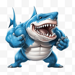卡通桌子蓝色图片_肌肉发达的海洋动物卡通鲨鱼