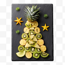 一盘菜西餐图片_石板上用菠萝和猕猴桃制成的圣诞
