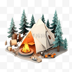 树和山图片_3D 卡通篝火和松林中的帐篷 低聚