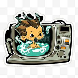 卡通小孩在水里，在旧电视上的贴