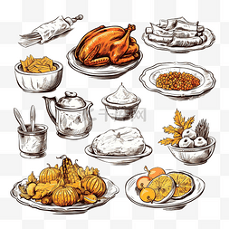 素食菜单图片_矢量手绘草图感恩节食物套装草图