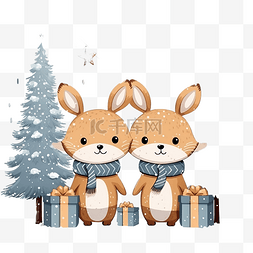 圣诞快乐庆祝可爱的狐狸鹿兔子树