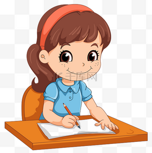 专注剪贴画女孩坐在她的办公桌前做她的学校作业卡通 向量素材图片免费下载-千库网