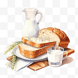 手加图片_水彩早餐加牛奶和面包