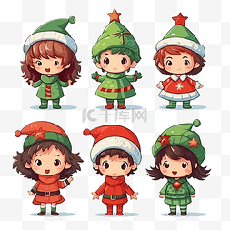 圣诞帽服装图片_一组穿着圣诞树服装角色的男孩和
