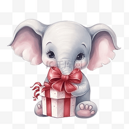 水彩卡通大象插画图片_圣诞节可爱的大象与水彩插图