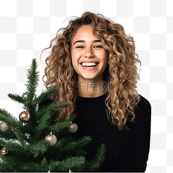 dw模特图片_圣诞树附近美丽的白人女性微笑