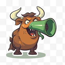 卡通公牛用绿色喇叭用扩音器讲话