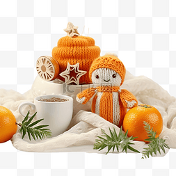 针织围巾上的圣诞橘子和圣诞玩具
