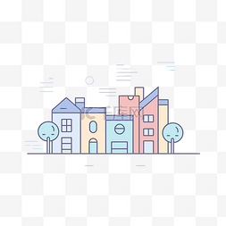 彩色线条插图中树木和房屋的街景