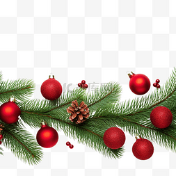 圣诞球红图片_带有冷杉树枝和红球的圣诞组合物