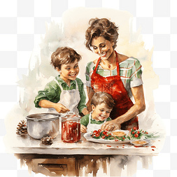 圣诞节时，妈妈和孩子们一起在厨