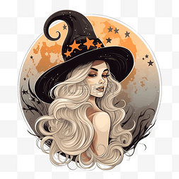 女巫插画图片_万圣节假期美丽的金发女巫戴着帽