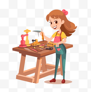 车间剪贴画卡通女孩用工具工作的工具 向量素材图片免费下载-千库网