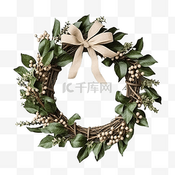 圣诞装饰花环图片_木质表面有槲寄生叶子的圣诞装饰
