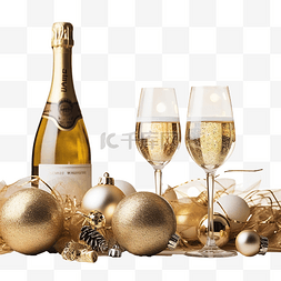 圣诞树表面木桌上放着一瓶香槟，