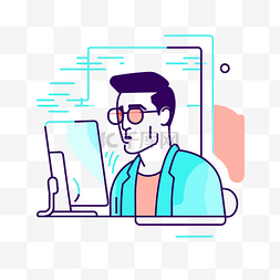 戴眼镜的男人在电脑上工作 向量