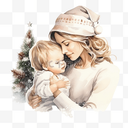 亲吻手绘图图片_快乐的妈妈在圣诞树附近亲吻她的