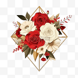 红金卡片图片_美丽的红白花束，金色几何框架平