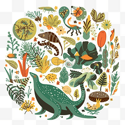 生物多样性剪贴画卡通恐龙和植物