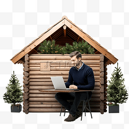 辦公電腦图片_圣诞节期间，男人们在一座旧木屋