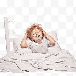 床上用品海报背景图片_小男孩在小床上睡觉后友好地微笑