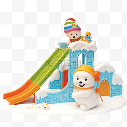 快乐的玩具雪人在冰雪覆盖的操场