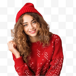 红色帽子女孩图片_圣诞树附近穿着红色毛衣的漂亮女