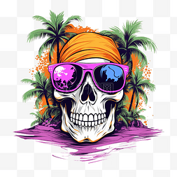 热带树叶素描图片_骷髅骷髅恐怖万圣节夏季海滩插画