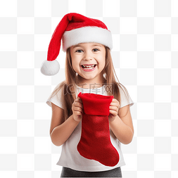 抱着礼物的儿童图片_戴着圣诞老人帽子的小女孩拿着圣