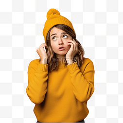手鞠问题图片_戴着圣诞帽挂在孤立的黄墙上的女
