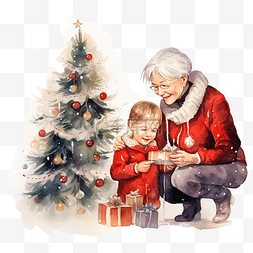 插画圣诞贺卡奶奶带着孙子在装饰