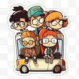 戴眼镜的孩子卡通图片_贴纸上有戴眼镜的孩子骑着货车的