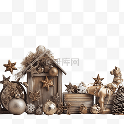 质朴木材上的圣诞装饰玩具和装饰
