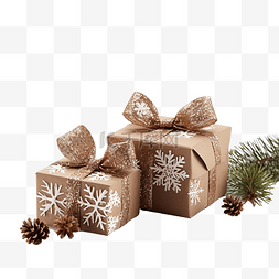 两个礼物图片_两个用杉树枝和木雪花装饰的圣诞