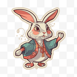 新年兔子贴纸图片_穿着东方服装的卡通兔子剪贴画 