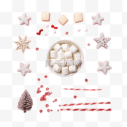 假日平铺着白色棉花糖和红色圣诞