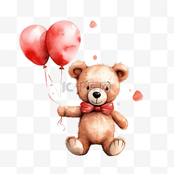 情人节熊气球图片_水彩情人节拿着气球的泰迪熊