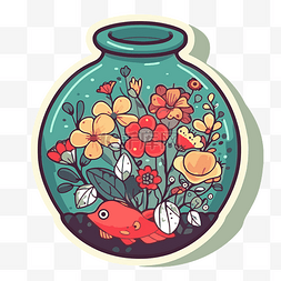 鱼缸贴纸图片_卡通鱼缸里装满鲜花 向量