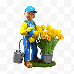 3d 孤立的园丁穿着蓝色和黄色的衣