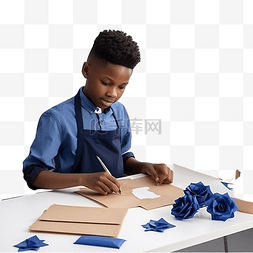 一桌学生图片_身穿蓝色围裙的勤奋非洲男学生在