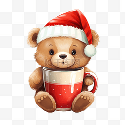 可爱的熊戴着圣诞老人的帽子在杯