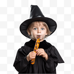 有趣的小男孩戴着女巫帽参加万圣
