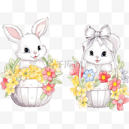 复活节篮子里的一只小兔子和小鸡