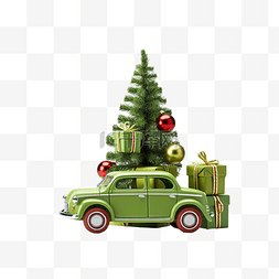 玩具车和礼物上的绿色圣诞树
