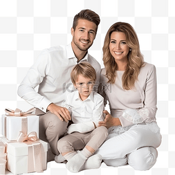 宝宝坐着的孩子图片_幸福的家庭，带着圣诞礼物坐在托