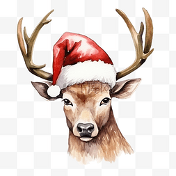 圣诞圣诞老人帽子与鹿茸水彩插图