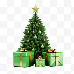 绿色圣诞树，上面有白色的礼物和