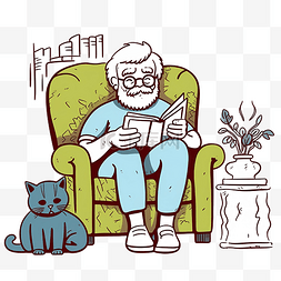 卡通猫字图片_手绘老人读一本书，上面有涂鸦风
